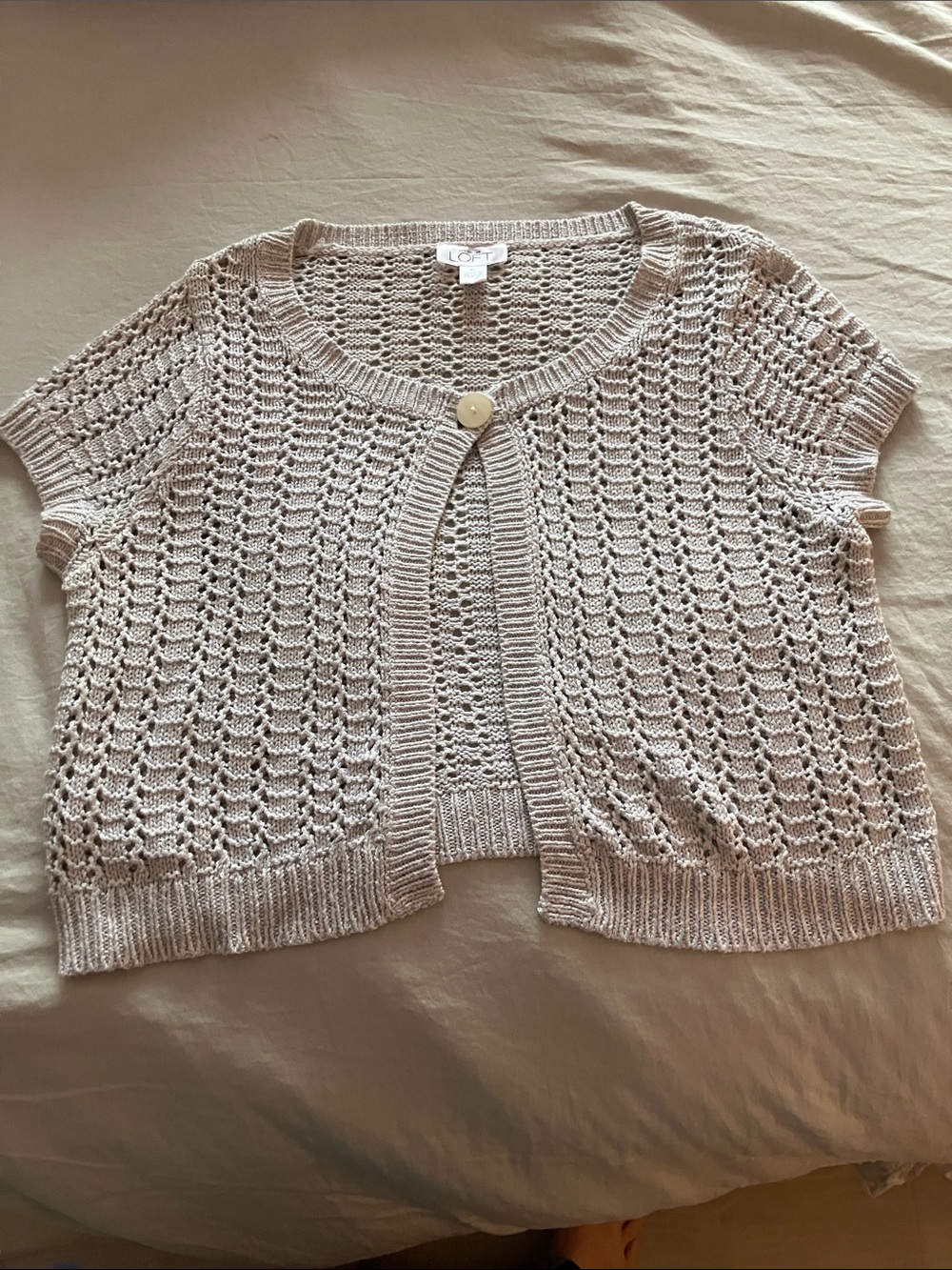 LOFT grey Open-Weave Short Sleeve Cardigan with Single Button